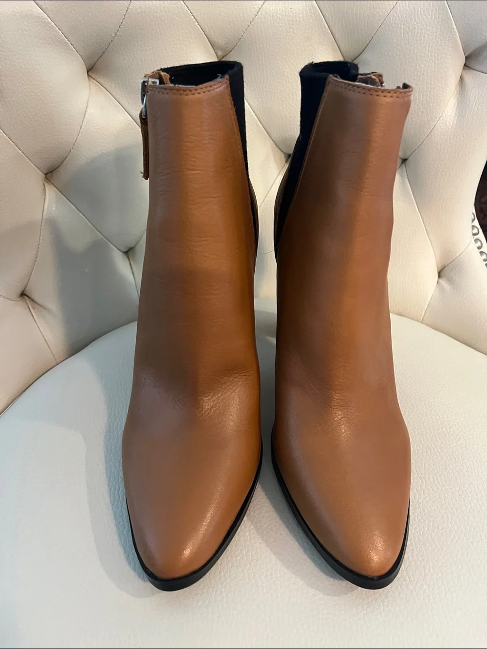 Aldo Tan Leather Ankle Booties with Silver Block Heel Size 8 EYE CATCHING LUXURY